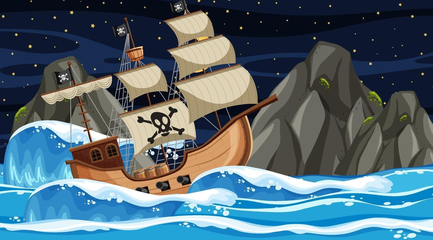 océano con barco pirata en la escena nocturna en estilo de dibujos animados vector