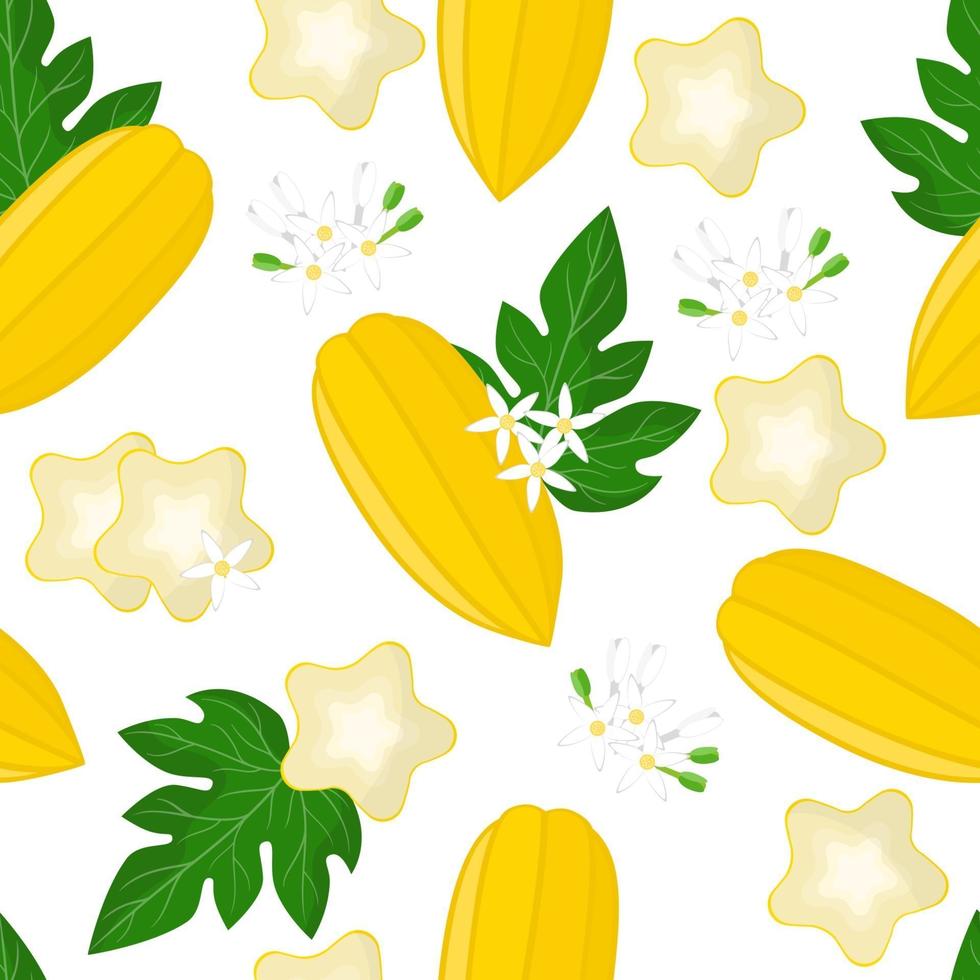 Vector cartoon seamless pattern with Carica pentagona or Babaco exotic fruits, flowers and leafs on white background