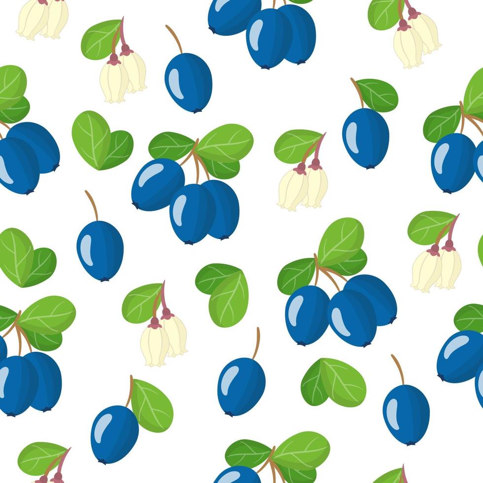 Vector cartoon seamless pattern with bog bilberry exotic fruits, flowers and leafs on white background