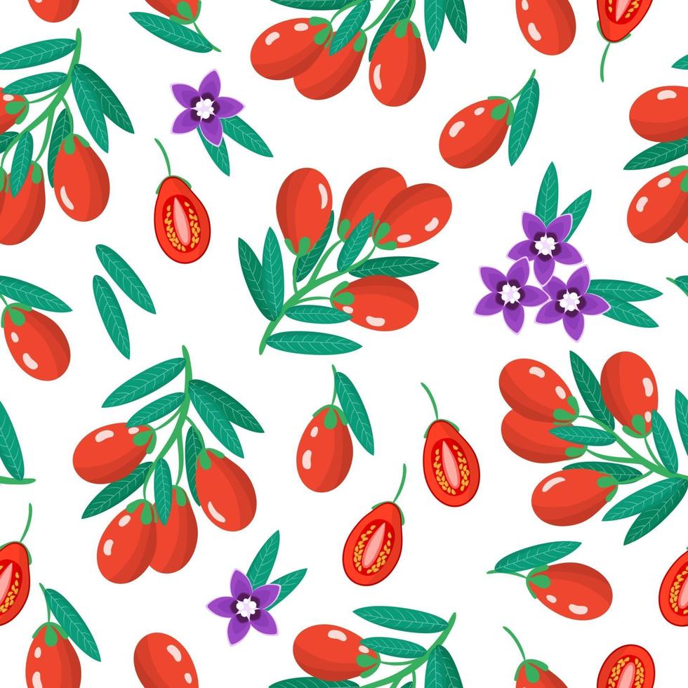 Vector cartoon seamless pattern with Lycium barbarum or Goji exotic fruits, flowers and leafs on white background