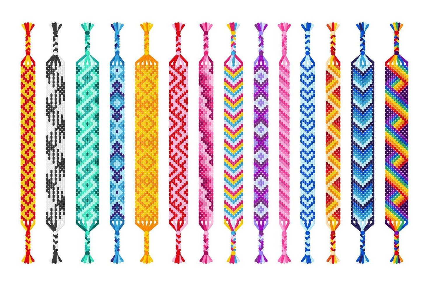 Vector set of multi-colored handmade hippie friendship bracelets of threads isolated on white background.