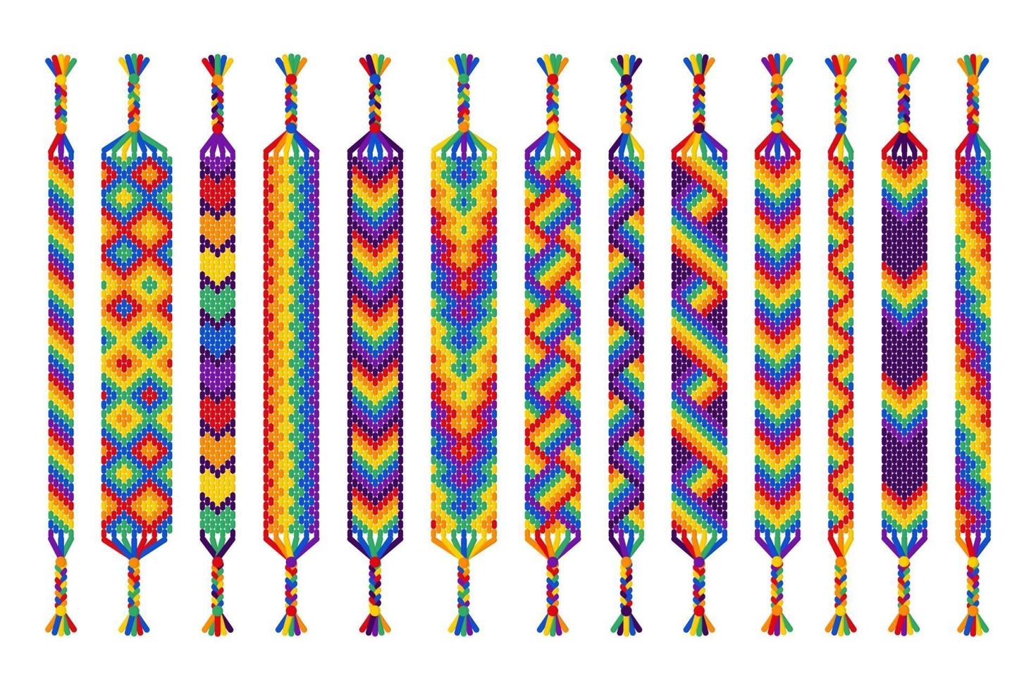 Vector set of handmade friendship bracelets of threads isolated on white background. Pride parade, LGBT and free love.