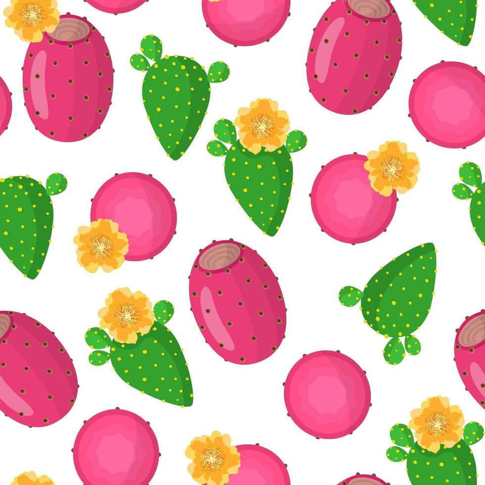 Vector cartoon seamless pattern with Indian figs exotic fruits, flowers and leafs on white background