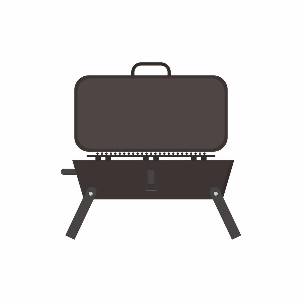 icono de parrilla de barbacoa. Parrilla portátil con tapa abierta aislada sobre fondo blanco. Equipo de cocción de metal para freír carnes y verduras. concepto de diversión familiar al aire libre de picnic. chef de dibujos animados de vector