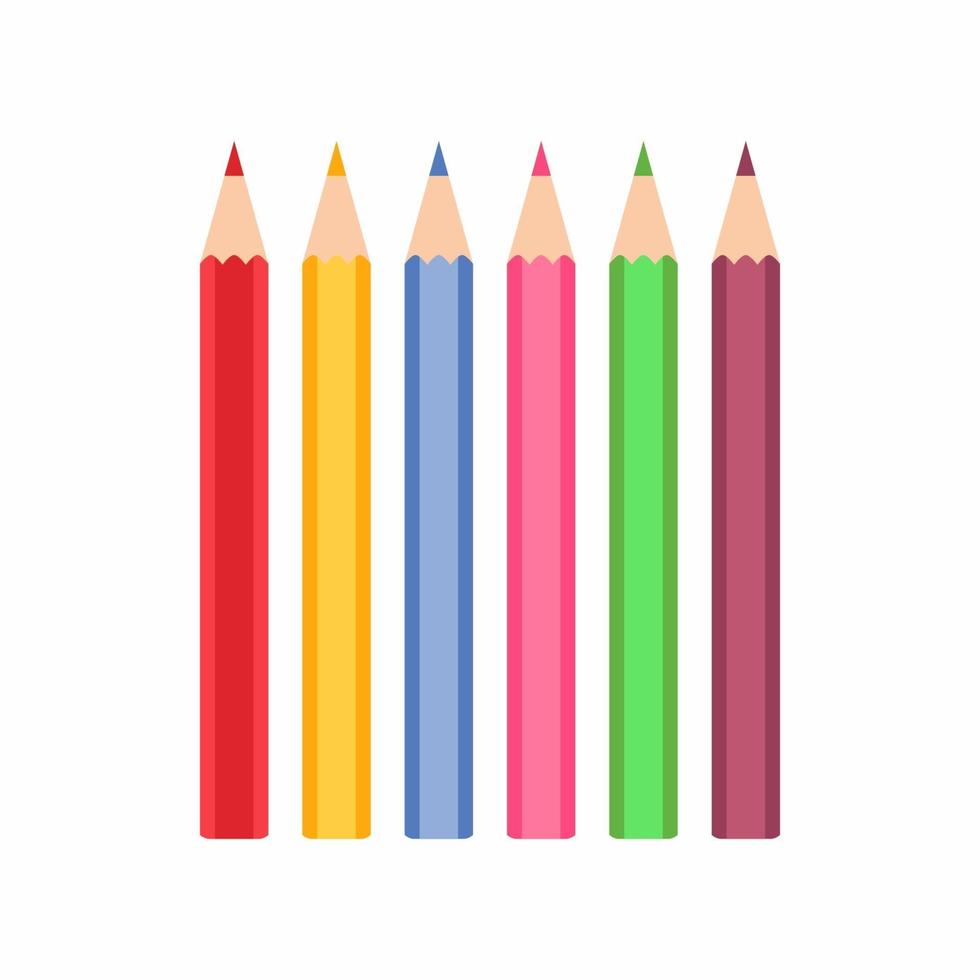Colored pencils for office or drawing with various colors. Collection of colorful pencils tools for writing and painting. Flat vector illustration isolated on white background.