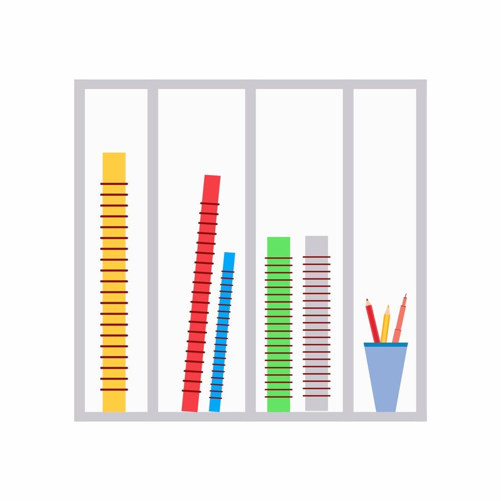 Artwork storage. Drawing equipment on the table include pencils in a glass, drawing paper binder etc. Artist tools supplies in flat style isolated on white background. Vector cartoon illustration