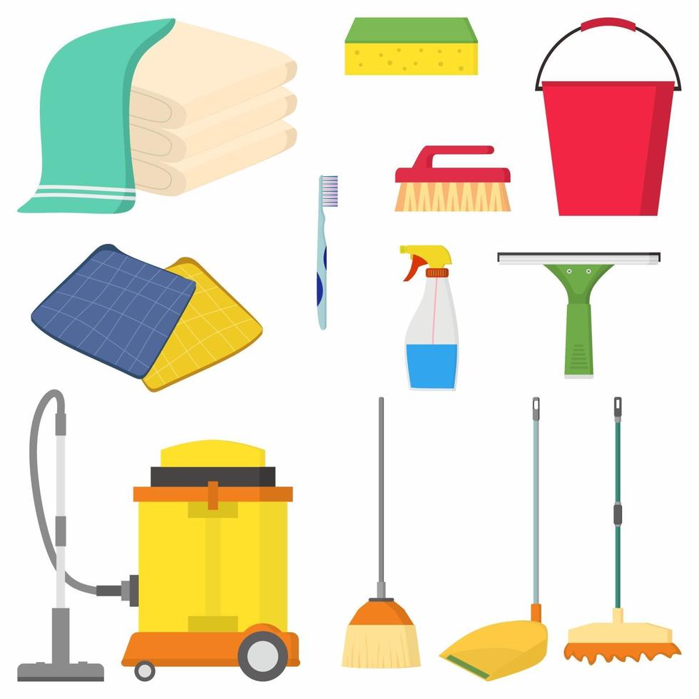 Household supplies and cleaning flat icons set. Mop, sponge, spray bottle, towel, vacuum cleaner, bucket, squeegee, brush. Housekeeping tools and equipment isolated images on white background vector