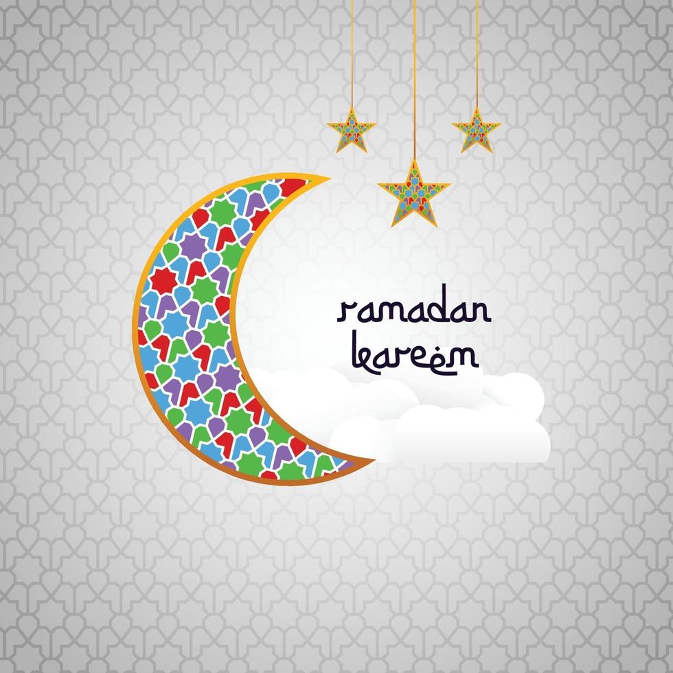ramadan kareem greeting card with decorative moon and star lantern islamic background vector
