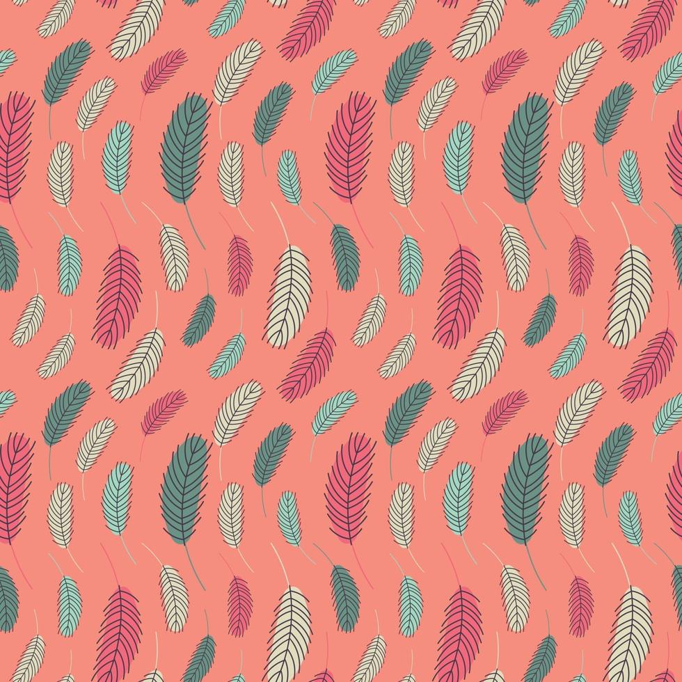 Bird feathers seamless pattern. Easter pattern with chicken feathers. Vector flat illustration. Design for textiles, packaging, wrappers, greeting cards, paper, printing.