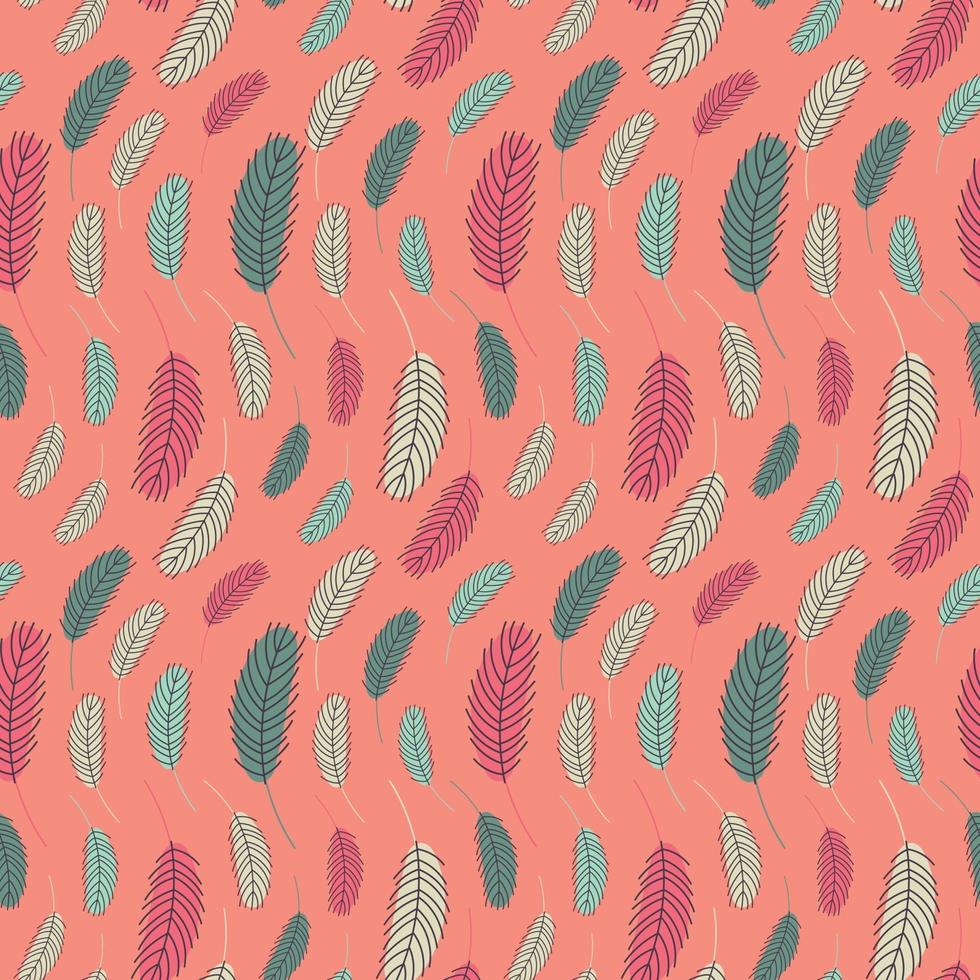 Bird feathers seamless pattern. Easter pattern with chicken feathers. Vector flat illustration. Design for textiles, packaging, wrappers, greeting cards, paper, printing.