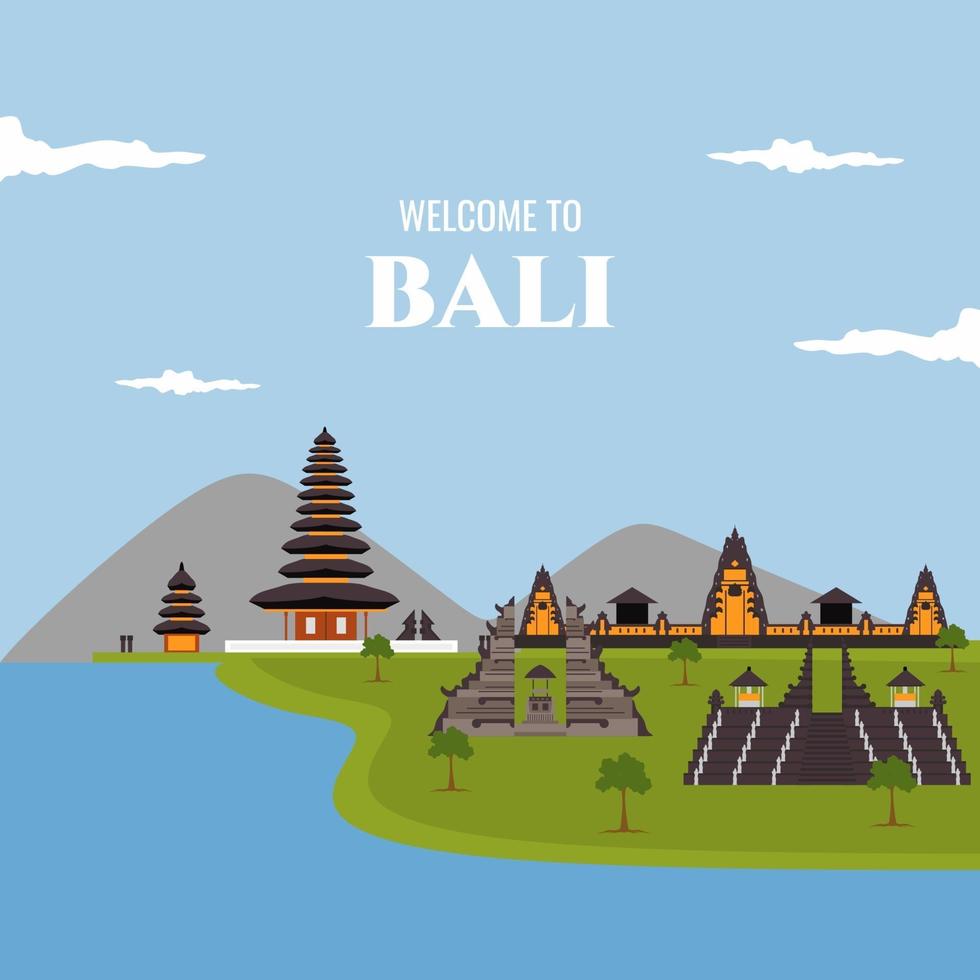 bienvenido a bali, indonesia. Hermosa vista con edificio emblemático para vacaciones en destino turístico. Banners de viaje de bali turismo ilustración vectorial plana aislada en personaje de dibujos animados vector