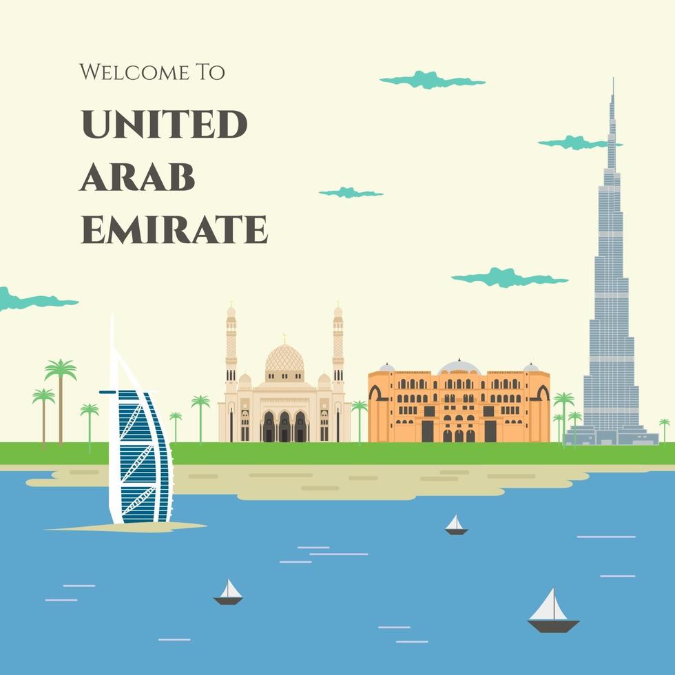 United Arab Emirates colorful flat style, vector illustration. Welcome to United Emirat Arab. Cityscape with all famous buildings. Skyline UAE design for business travel and tourism concept