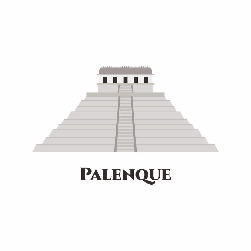 Palenque in Chiapas, Mexico. One of the best preserved sites, which contains interesting architecture and is popular tourist attraction. The Palace and observatory. Isolated vector flat cartoon style