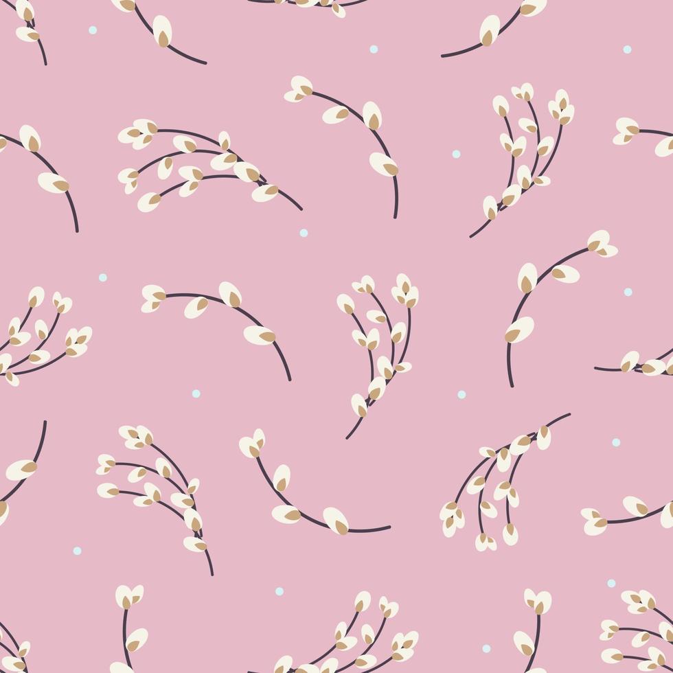 Willow seamless pattern. Easter pattern with willow twigs on a orange background. Design for paper, textile, scrapbooking, printing. Vector illustration.