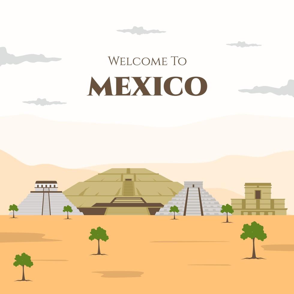 plantilla colorida de la ciudad de méxico. bienvenido al cartel de mexico. paisaje urbano con todos los edificios famosos. alrededor del mundo. Ilustración de vector plano de elemento cultural nacional. viajes y atracción turística