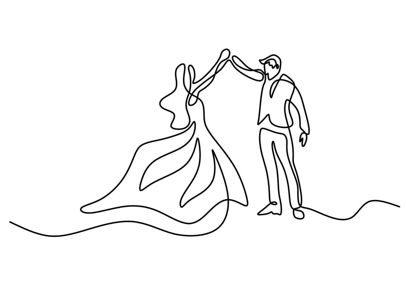 Continuous one line drawing of couple dance isolated on white background. Man with tuxedo and woman with elegant gown doing romantic dancing minimalism design. Vector sketch illustration