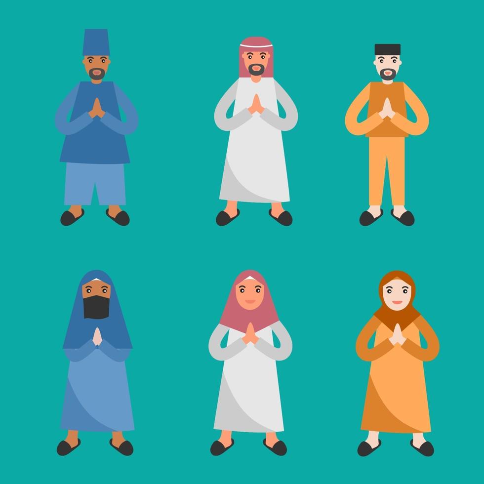 Set of three boys and three girls dressed in Islamic clothing stand and celebrating ramadhan, eid mubarak. Fasting day of celebration concept. flat cartoon design template. Vector illustration