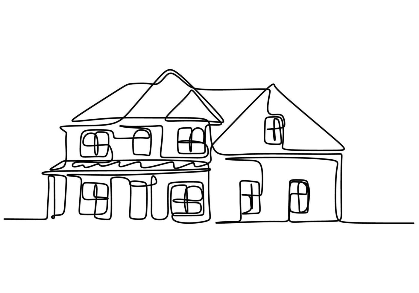 Dibujo de linea continua de casa de dos plantas, edificio residencial. Casa grande y moderna de lujo en la ciudad aislada sobre fondo blanco. concepto de minimalismo del edificio arquitectónico del hogar vector