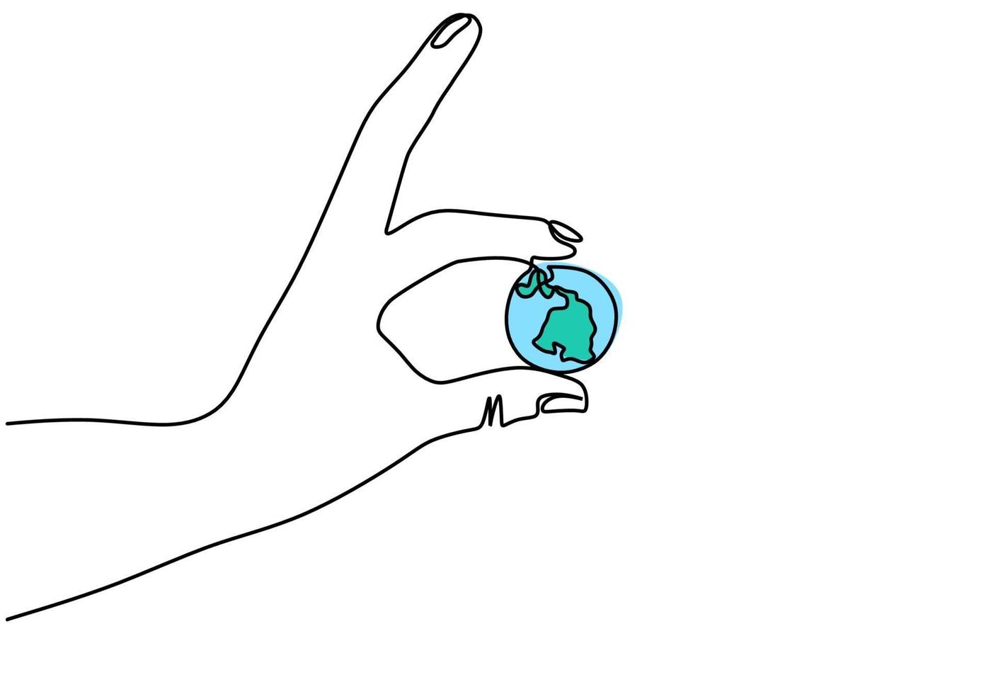 Continuous one line drawing of hands holding Earth globe isolated on white background. Earth Day theme. A human hand holding world planet earth contour hand drawn sketch design. Vector illustration