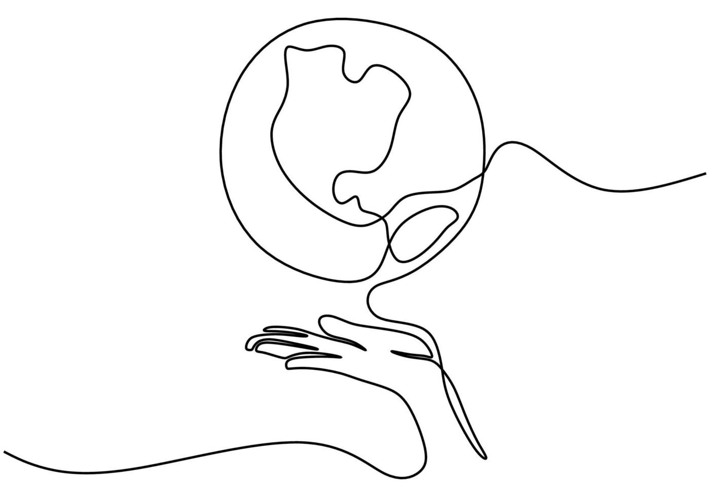 dibujo continuo de una línea de manos sosteniendo el globo terráqueo aislado sobre fondo blanco. tema del día de la tierra. una mano humana que sostiene el diseño del bosquejo dibujado a mano del contorno de la tierra del planeta del mundo. ilustración vectorial vector