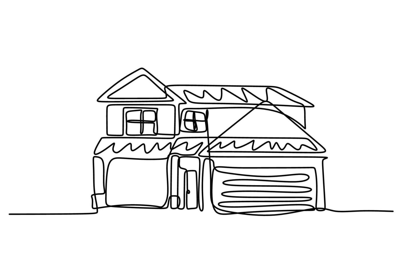 Single one line drawing of house with two floor. Home building construction isolated doodle minimal concept. Home exterior theme draw graphic design vector illustration on white background