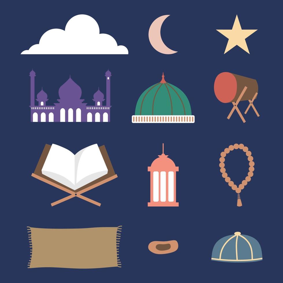 Set of ramadhan stuff such as drum, mosque dome, prayer beads, dates, cap, veil, prayer mat, mukena, Al-Qur'an, lantern isolated on navy blue background. Flat cartoon vector illustration