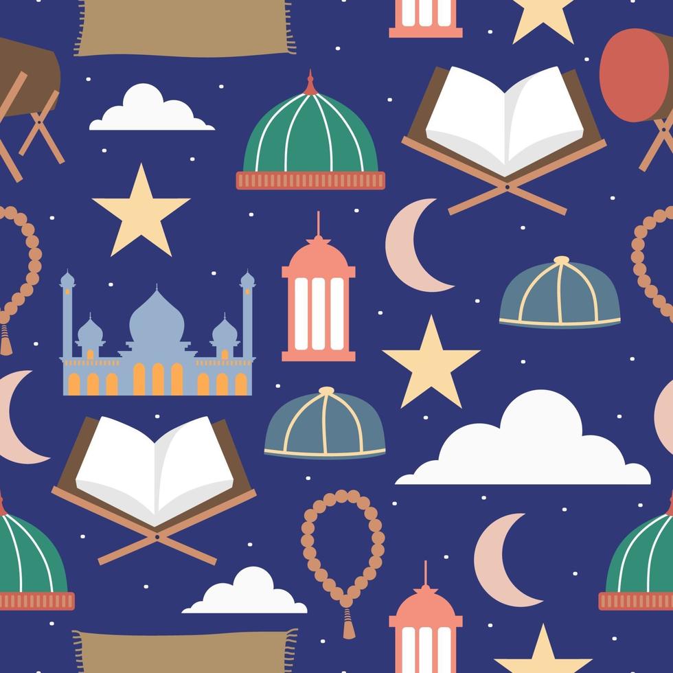 Happy Eid Mubarak. Ramadhan stuff seamless pattern isolated on navy blue background. Ramadhan holy festival concept. Islamic Holy Month, Ramadan Kareem, Iftar Party celebration. Vector flat cartoon