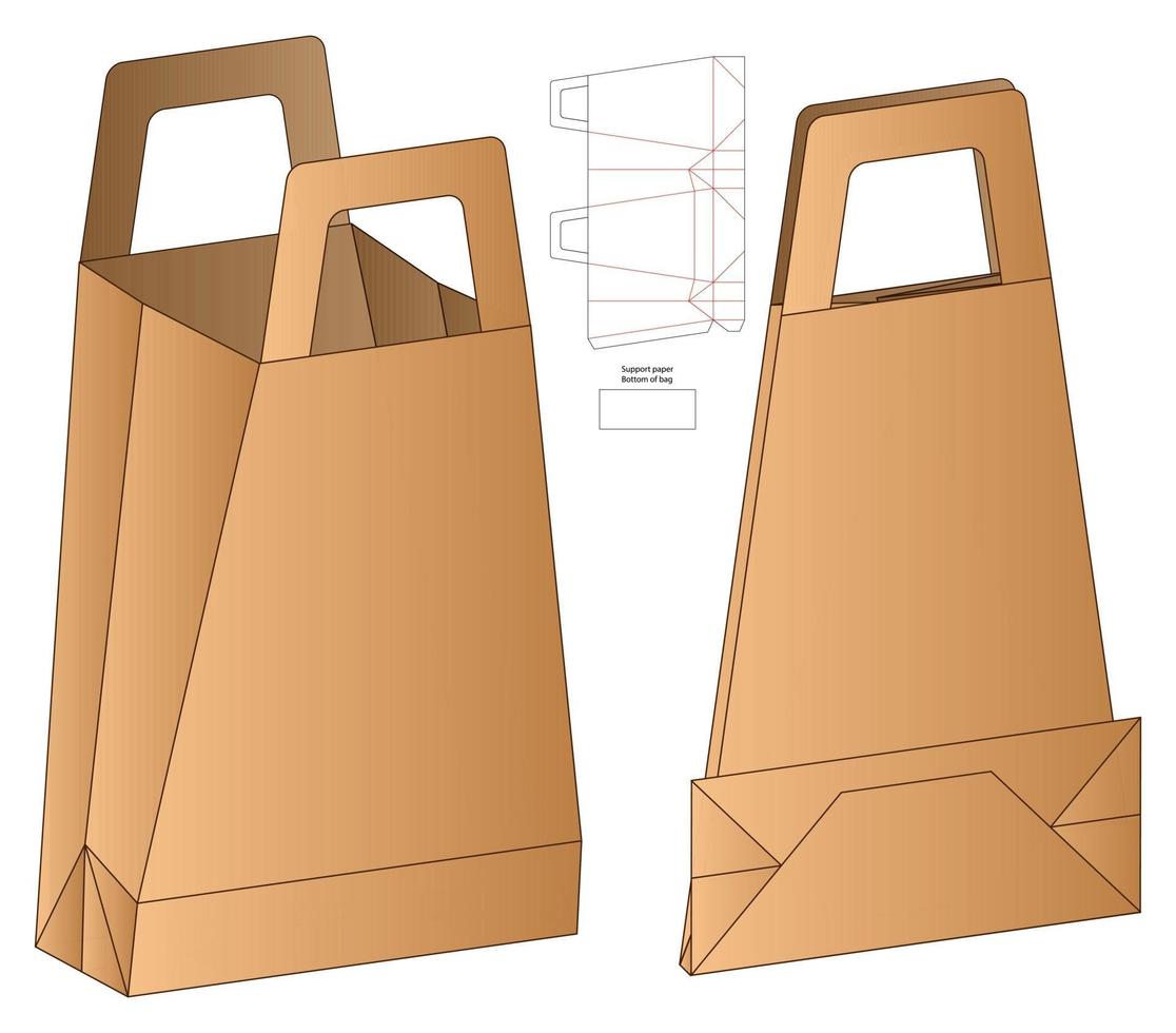 Diseño de plantilla troquelada de embalaje de bolsa de papel. Maqueta 3d vector