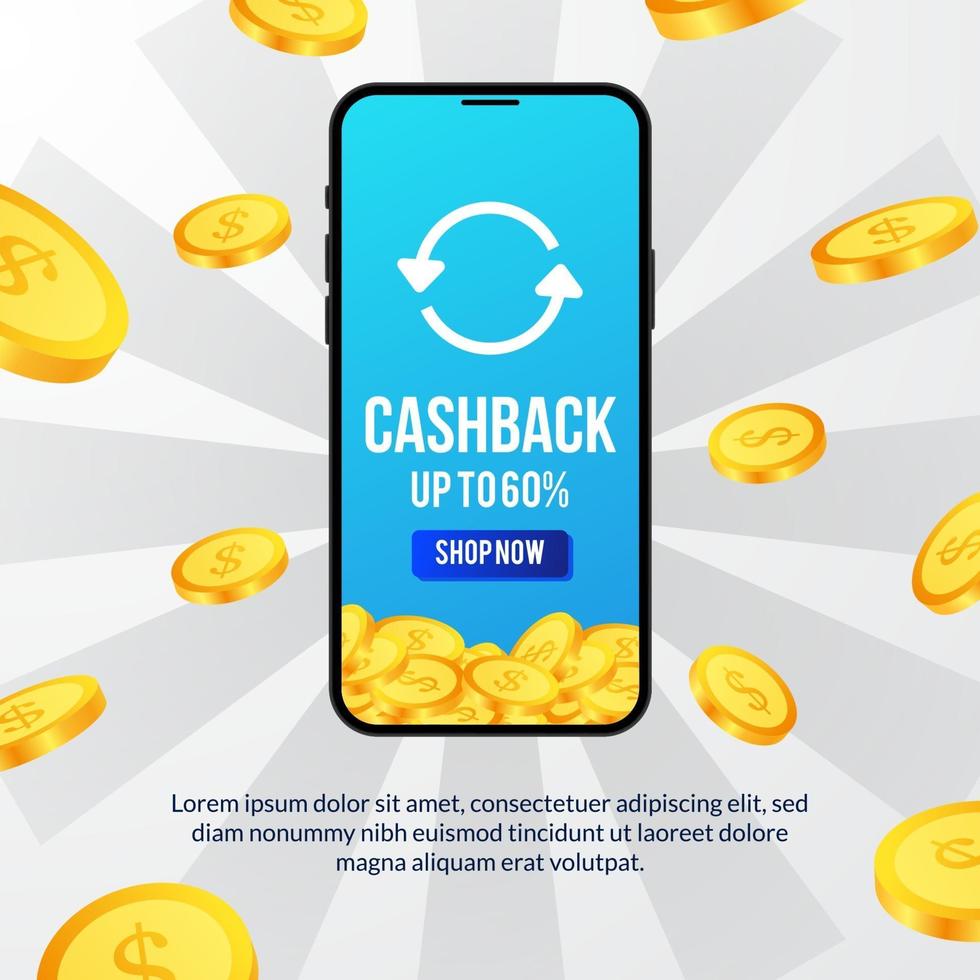 cashback promotion for e commerce site with 3d phone and dollar golden coin illustration concept for banner flyer poster vector