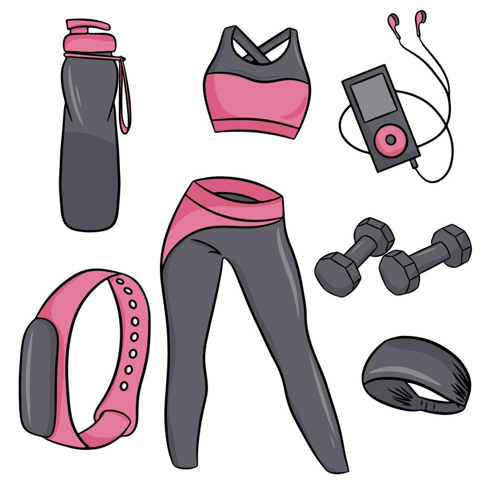 Vector set of fitness accessories in cartoon style. Vector illustration isolated on a white background.