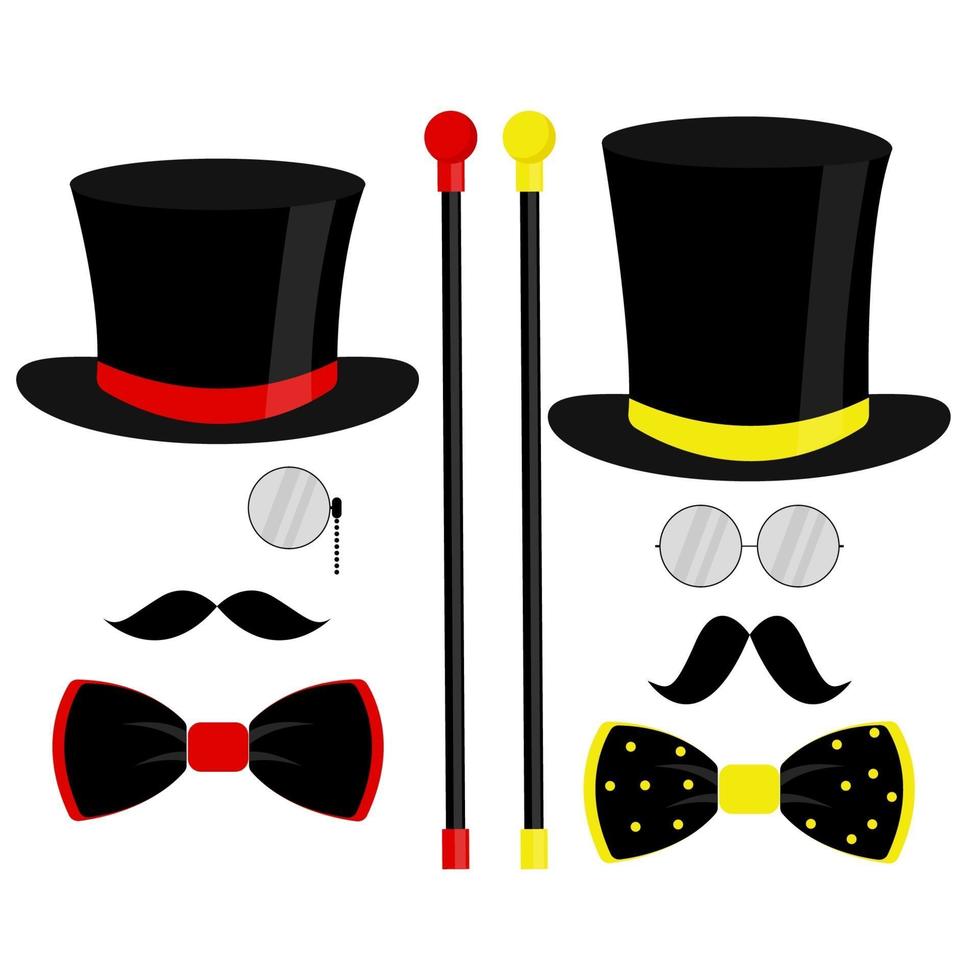 Black top hat, bow tie, monocle, and mustache. Fashionable vector illustration on white background for gift card, certificate, banner, logo.