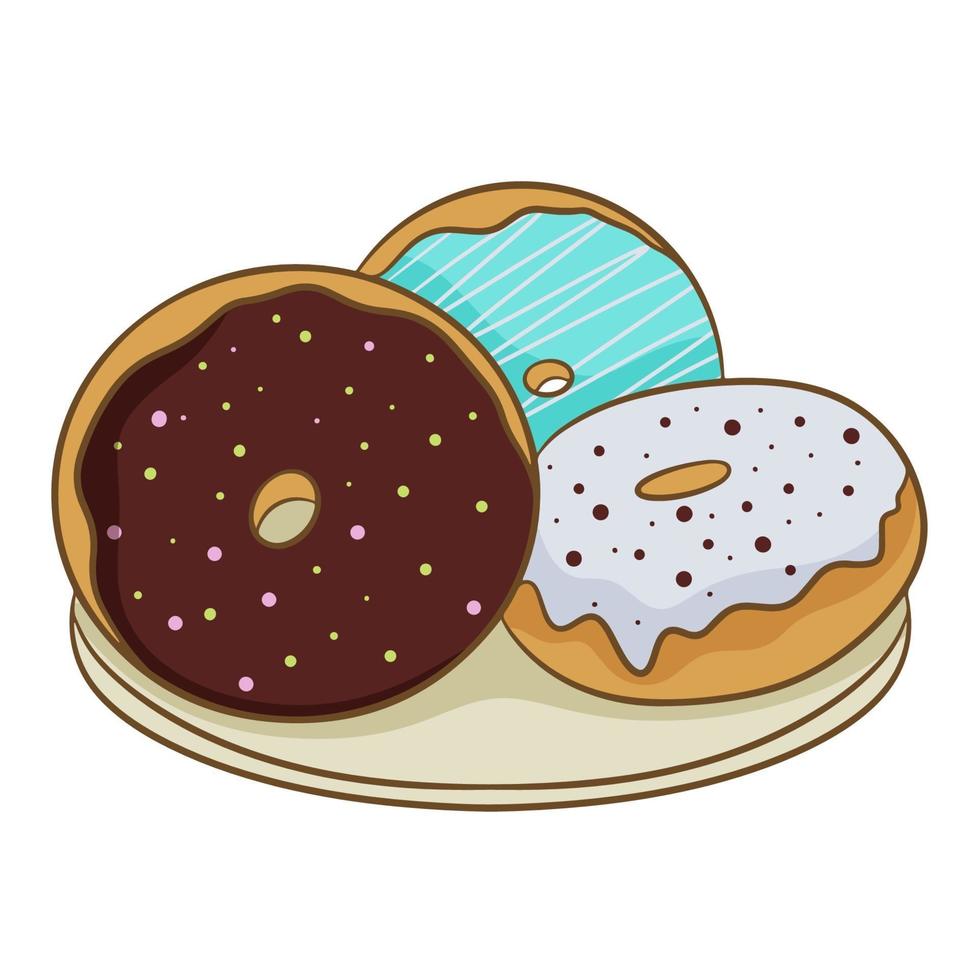 tres coloridos donuts helados en un plato, aislado en un fondo blanco. ilustración vectorial en estilo plano de dibujos animados. vector