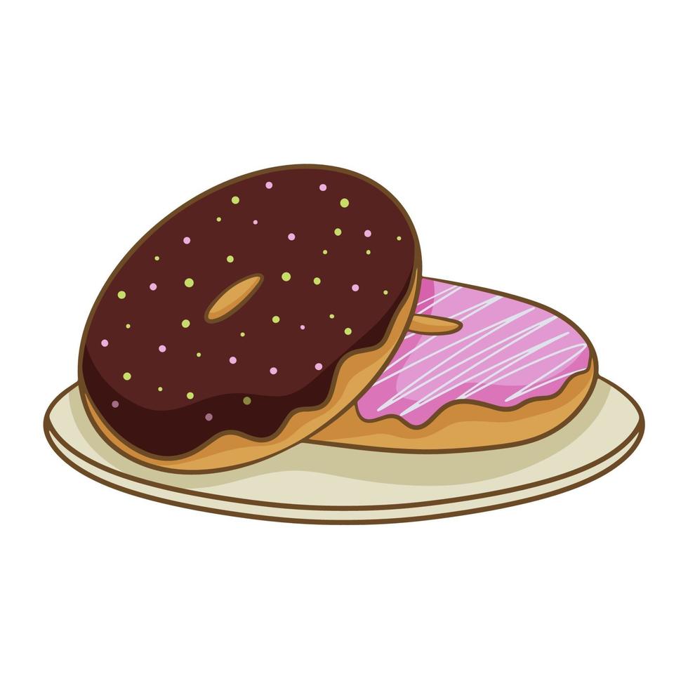Two colorful frosted doughnuts on a plate, isolated on a white background. Vector illustration in cartoon flat style.