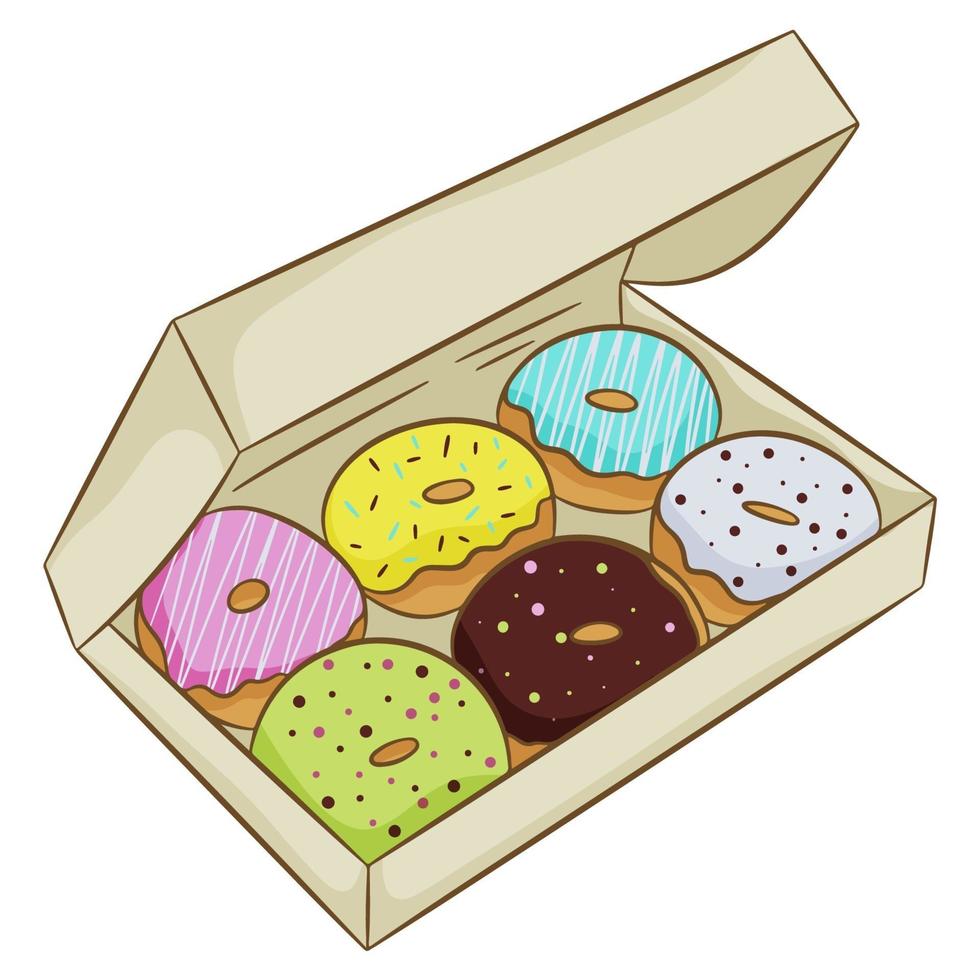 A collection of colorful glazed doughnuts in a box, isolated on a white background. Vector illustration in cartoon flat style.