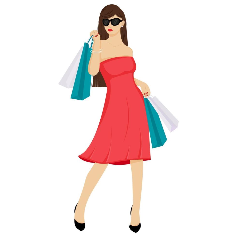 A beautiful girl in a dress is shopping. The girl with the bags. Fashionable. Vector illustration in cartoon style. Isolated on a white background.