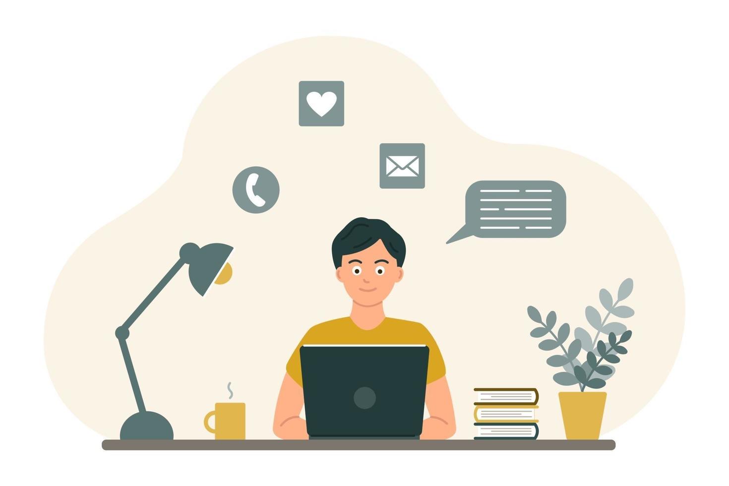 The guy at the desk looks at the laptop screen. The concept of online learning, communication by video, in chats and by mail. Vector image in a flat cartoon style