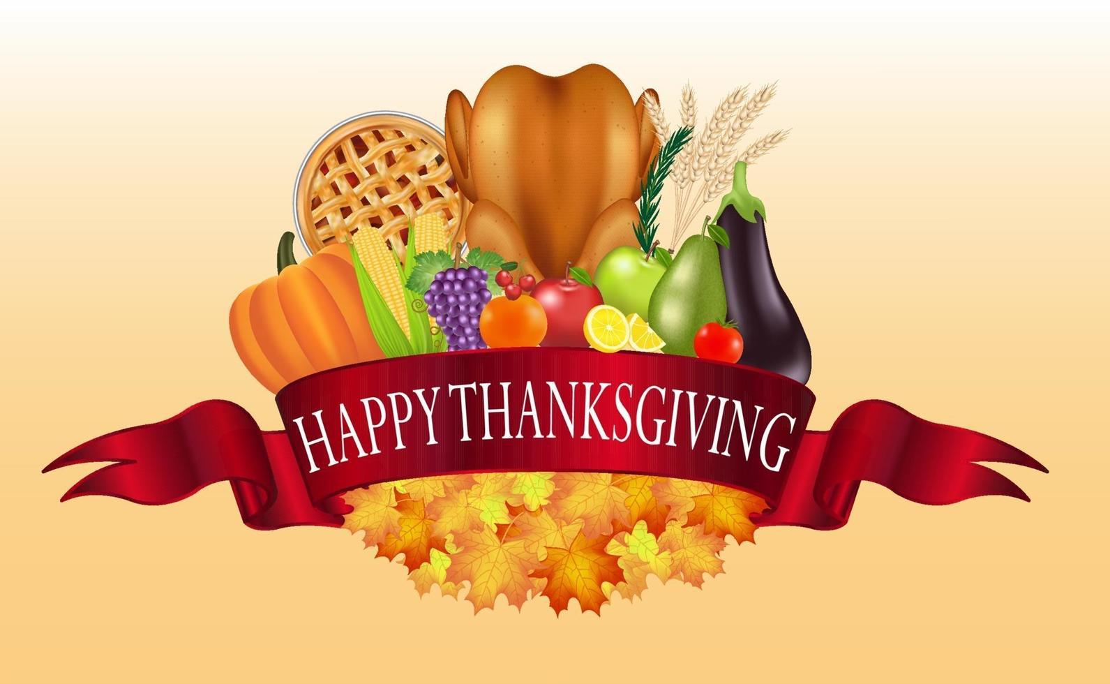 happy thanksgiving celebration with foods and fruits vector