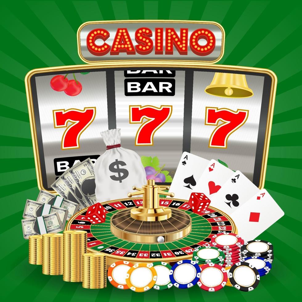casino with slot machine, card game and roulette chips vector