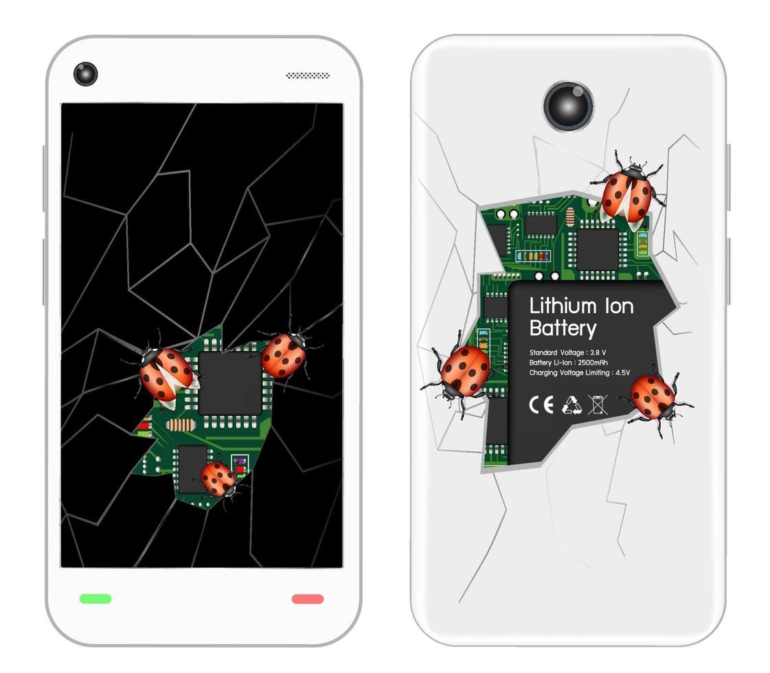 broken smartphones with bugs vector