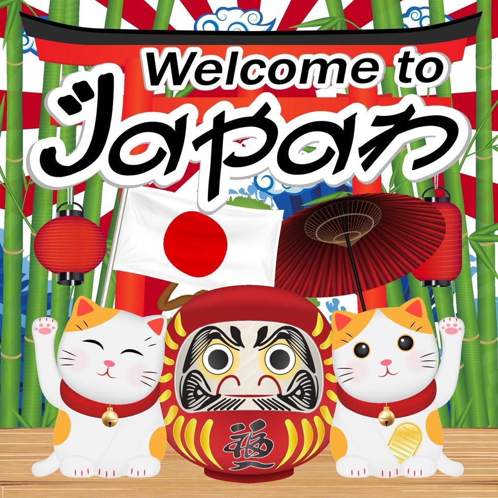 welcome to japan with maneki cat and daruma doll vector