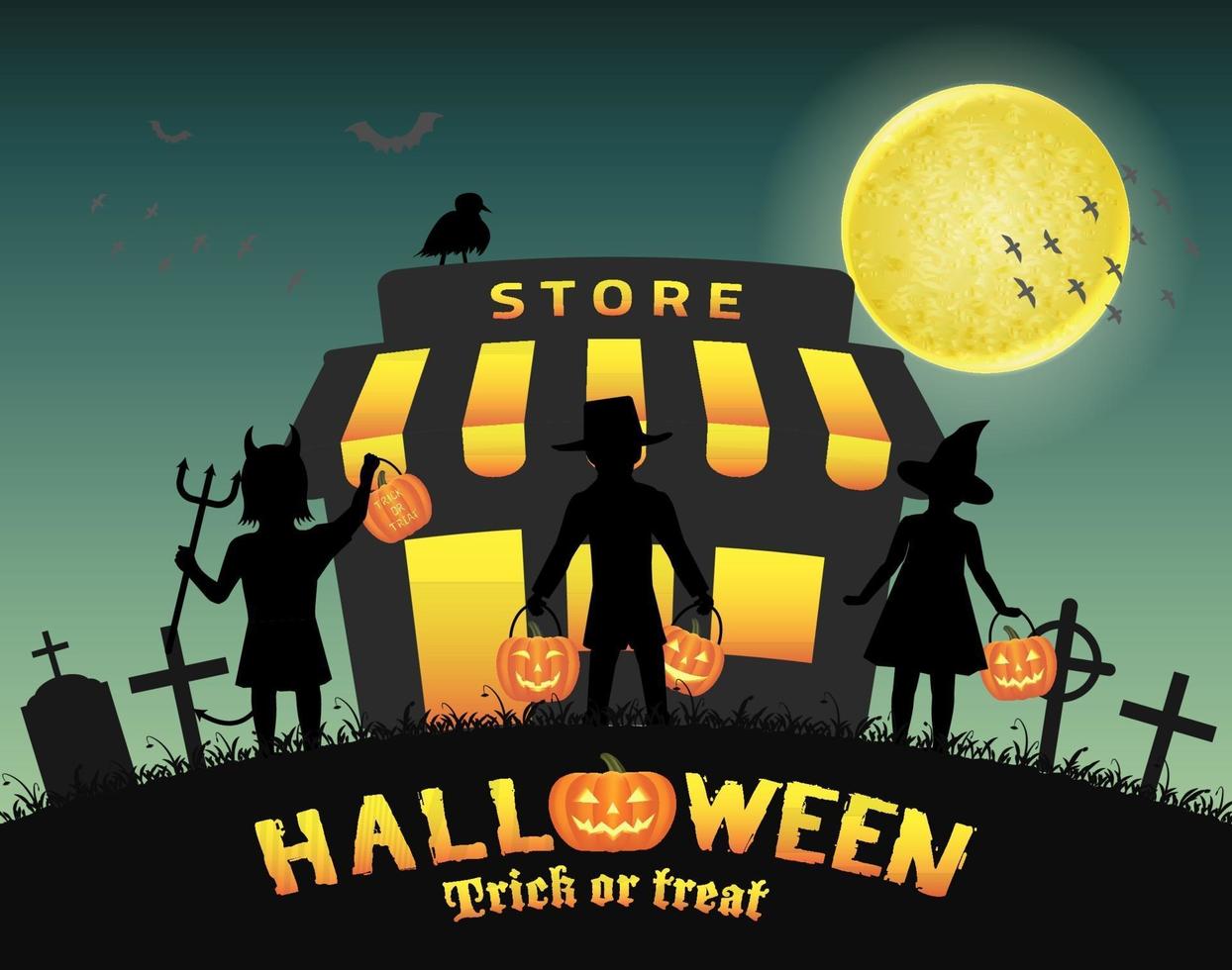 halloween kids in front of store on graveyard vector