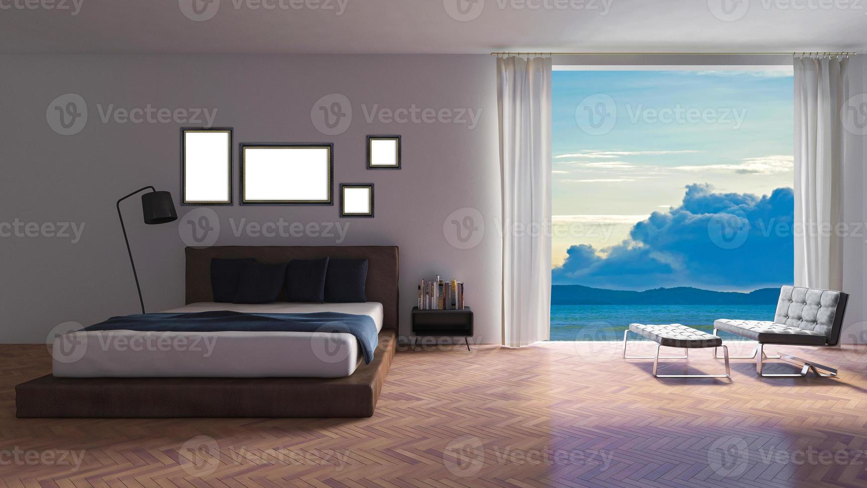 Imagen renderizada en 3ds de la habitación junto al mar foto