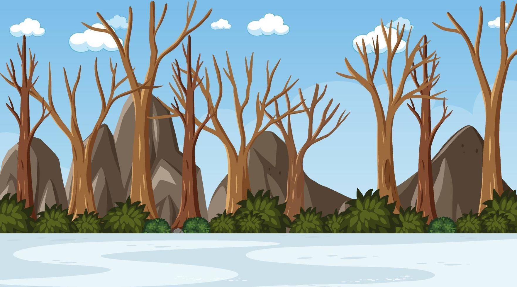 escena de invierno en blanco con muchos árboles secos bosque vector