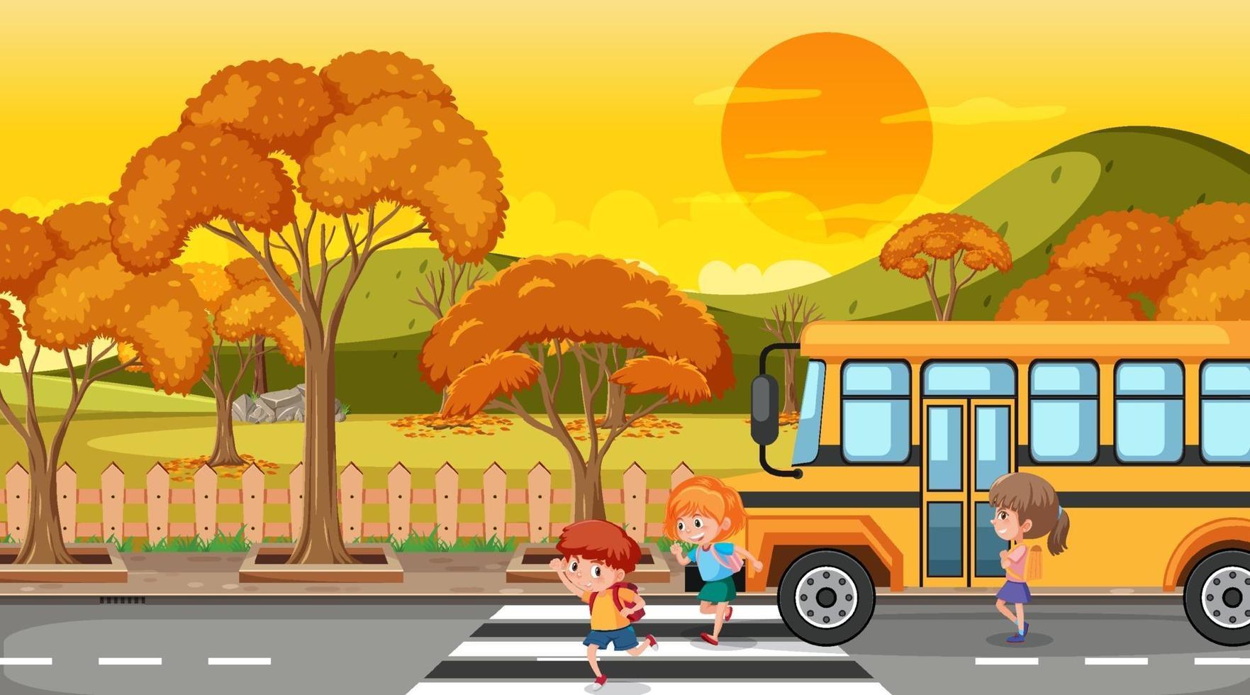 escena de la temporada de otoño con muchos niños bajándose del autobús escolar vector