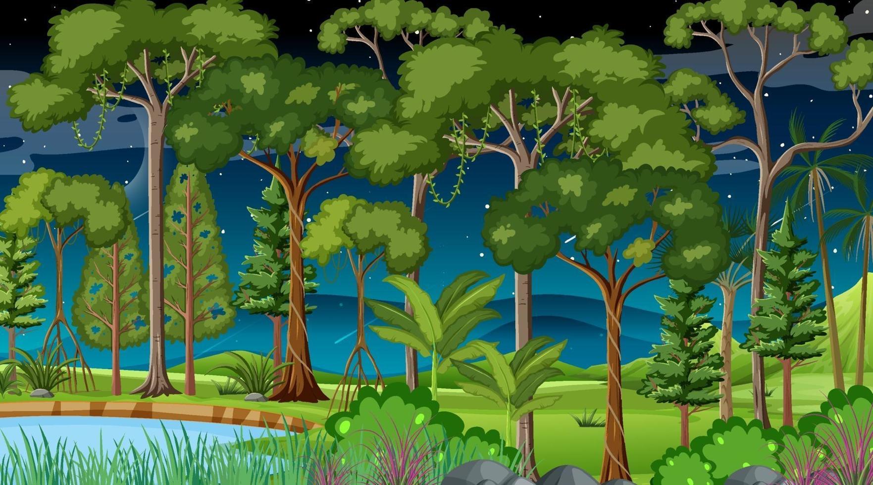 Forest landscape scene at night with many different trees vector