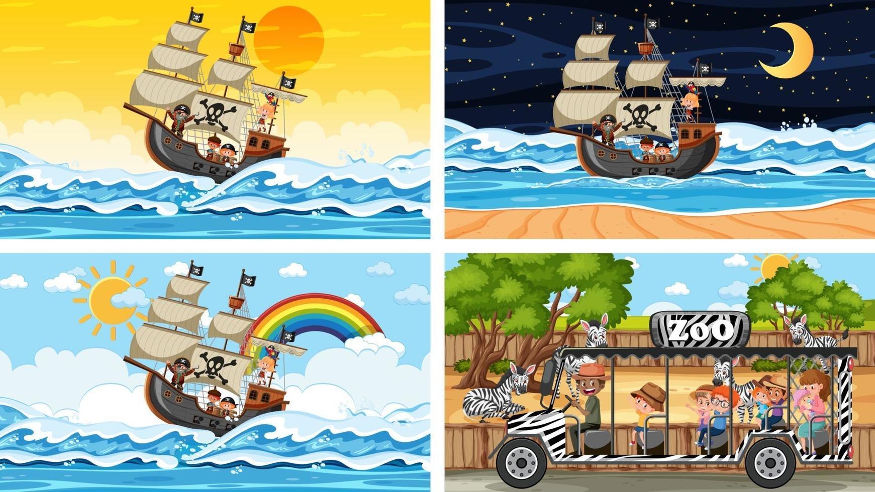 Conjunto de diferentes escenas con animales en el zoológico y barco pirata en el mar. vector