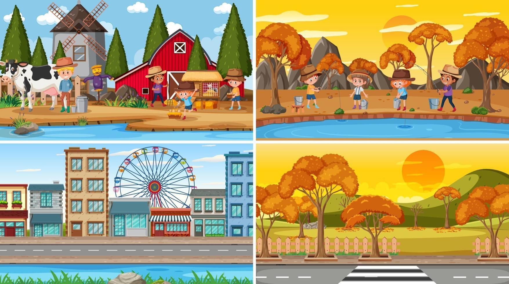 Set of different nature scenes cartoon style vector