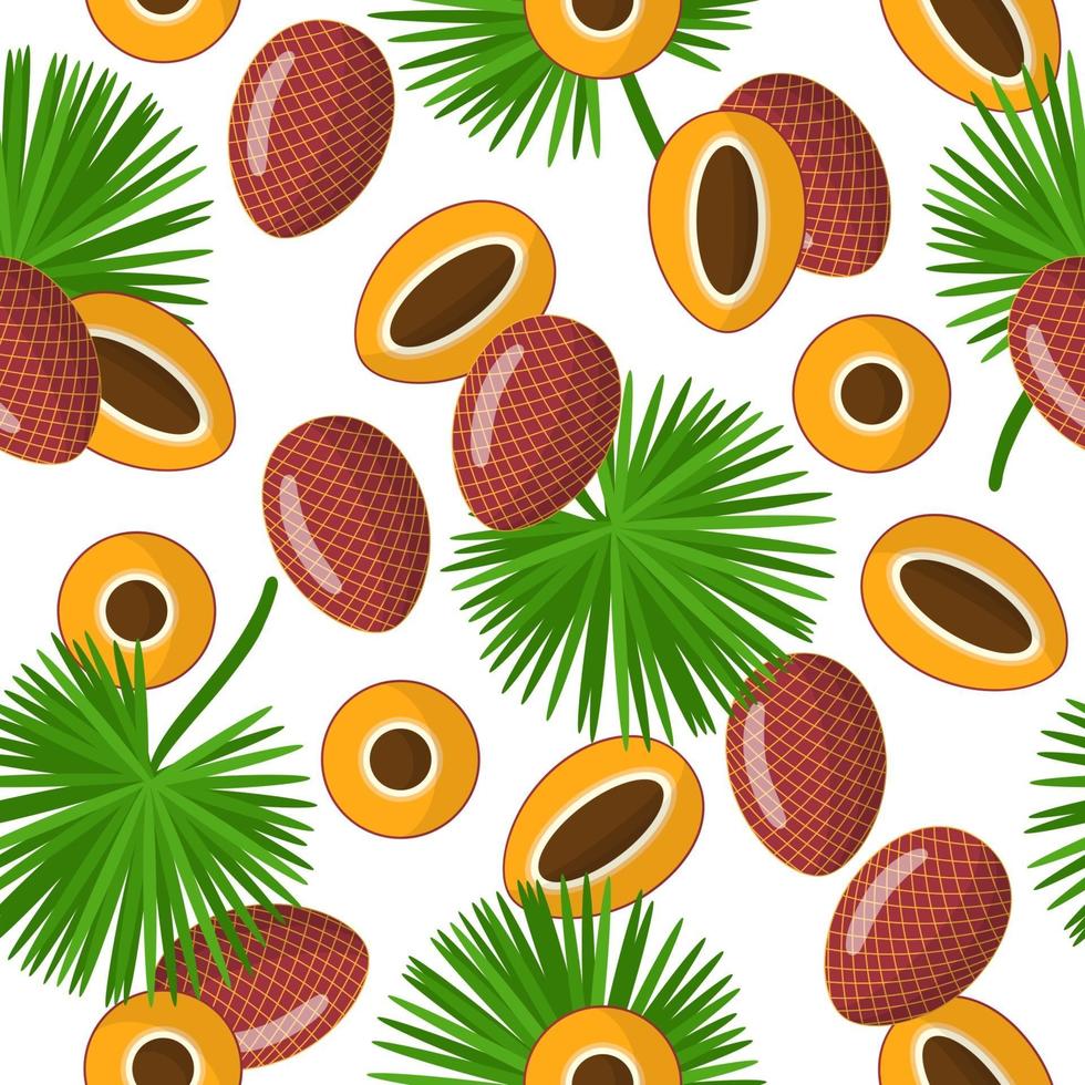 Vector cartoon seamless pattern with Mauritia flexuosa exotic fruits, flowers and leafs on white background