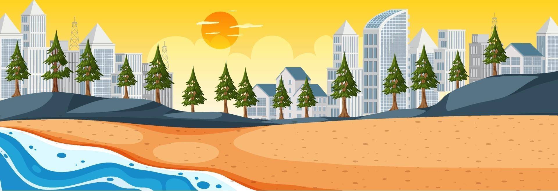 Escena horizontal de playa al atardecer con fondo de paisaje urbano vector