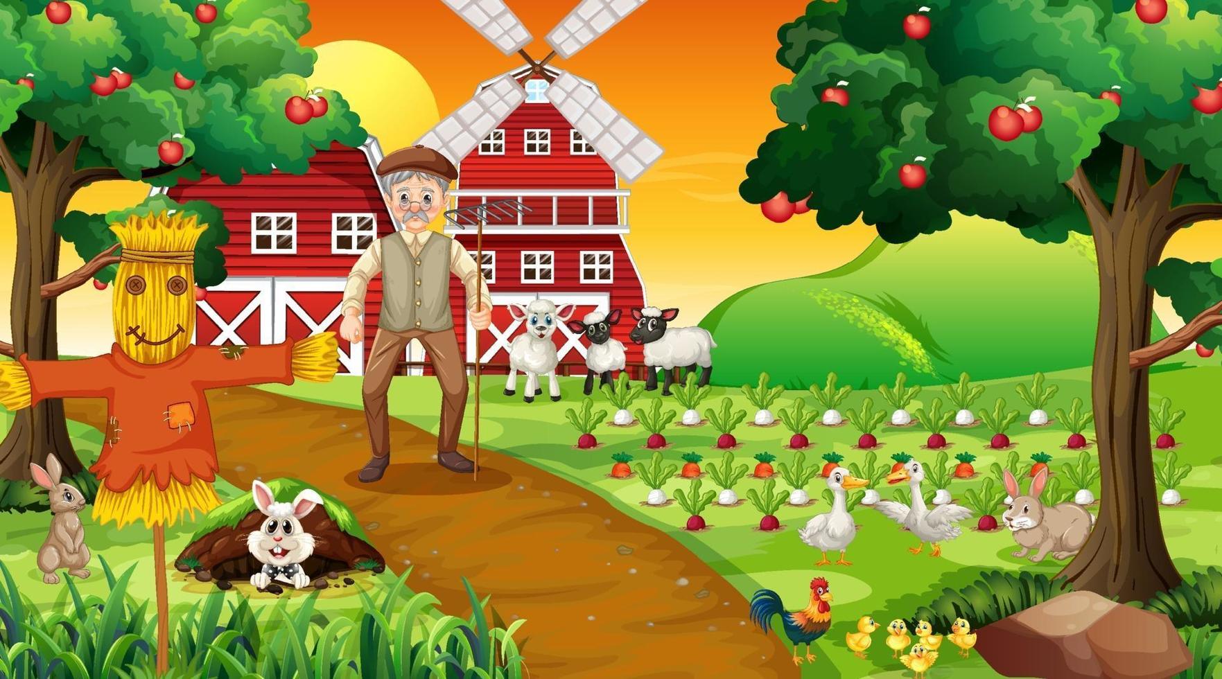 Farm scene at sunset with old farmer man and cute animals vector